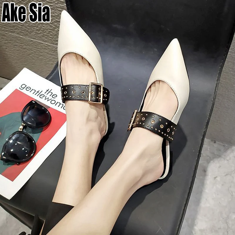 

Pointed Toe Women's Ladies Half Scuff Stuffies Mules Slides Low Block Heels Buckles Sandals Casual Feminine Slippers Shoes A605