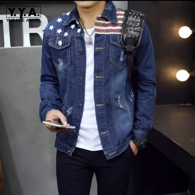 Топ Новое поступление Для мужчин джинсовые куртки с длинным рукавом Повседневная куртка Slim Fit Пальто Дизайн одежды Американский флаг узор