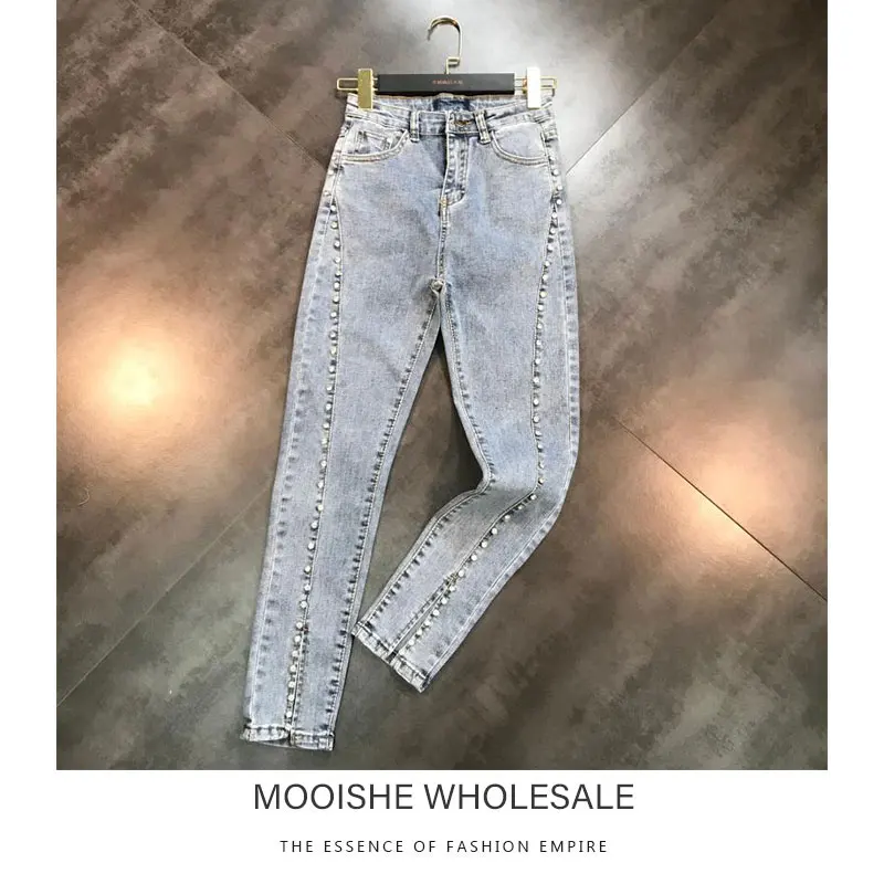 

2019 Summer New Rhinestone Beaded Shiny Heavy Stretch Slim Pencil Pants Wash Jeans