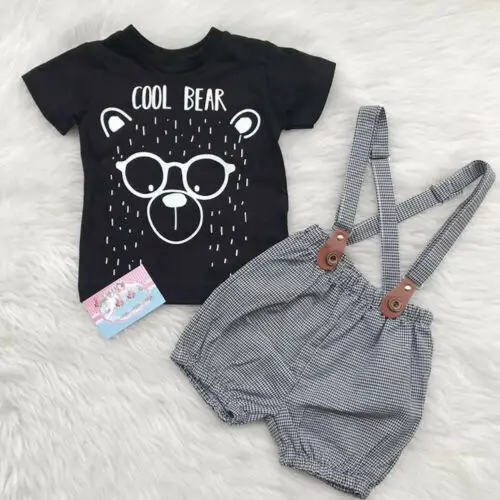 

Emmababy Baby Boy Girl Clothes Sets Cartoon Bear Cotton Short Sleeve Tops+Bib Shorts Summer Outfits