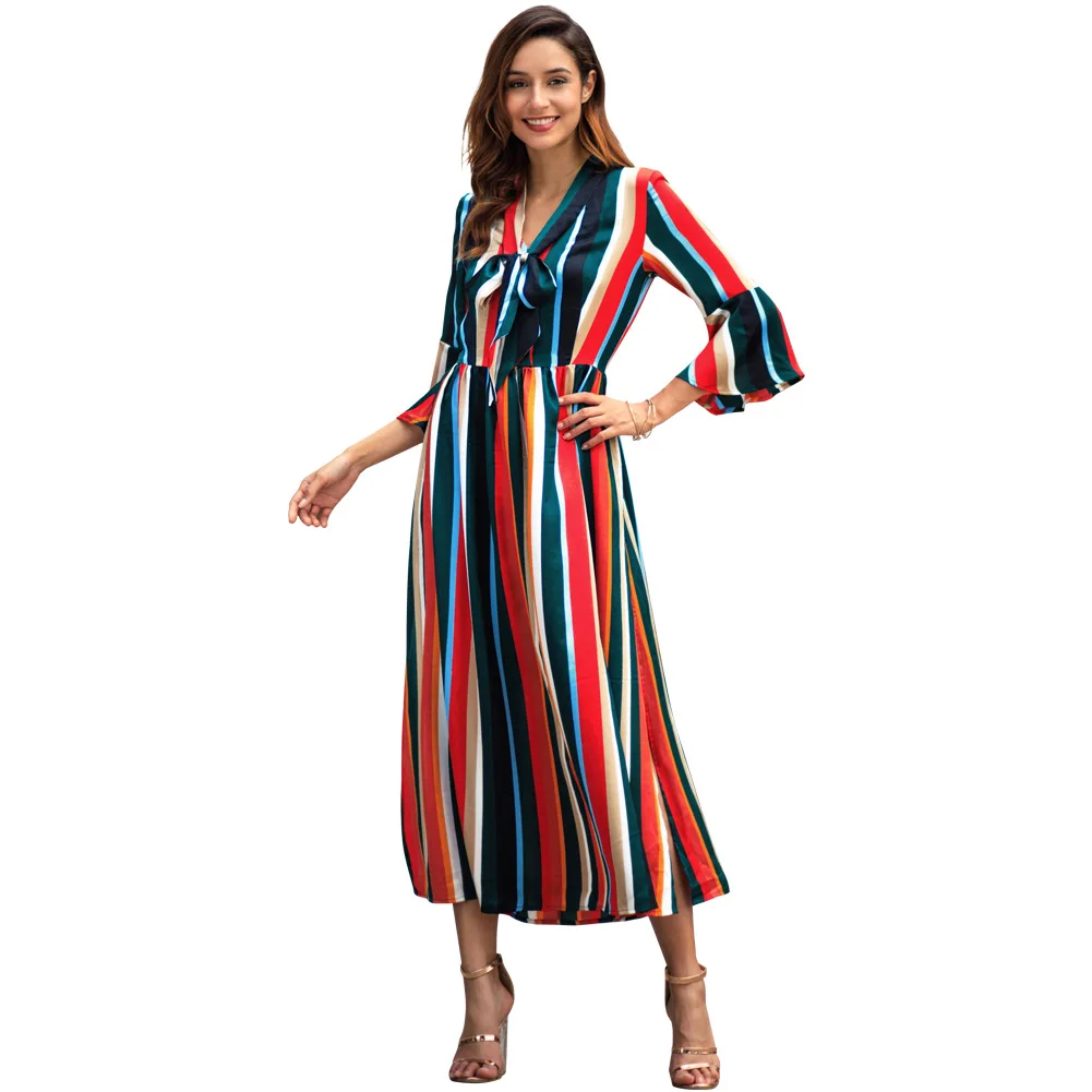 New Long Sleeve Rainbow Stripe Forked Medium And Long Dresses womens ...