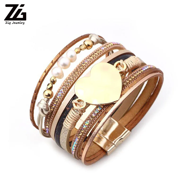 

ZG Heart Charm Leather Bracelets For Women 2019 Fashion Heart Charm Pearl Boho Multi Layer Wrap Bracelet Femme Jewelry