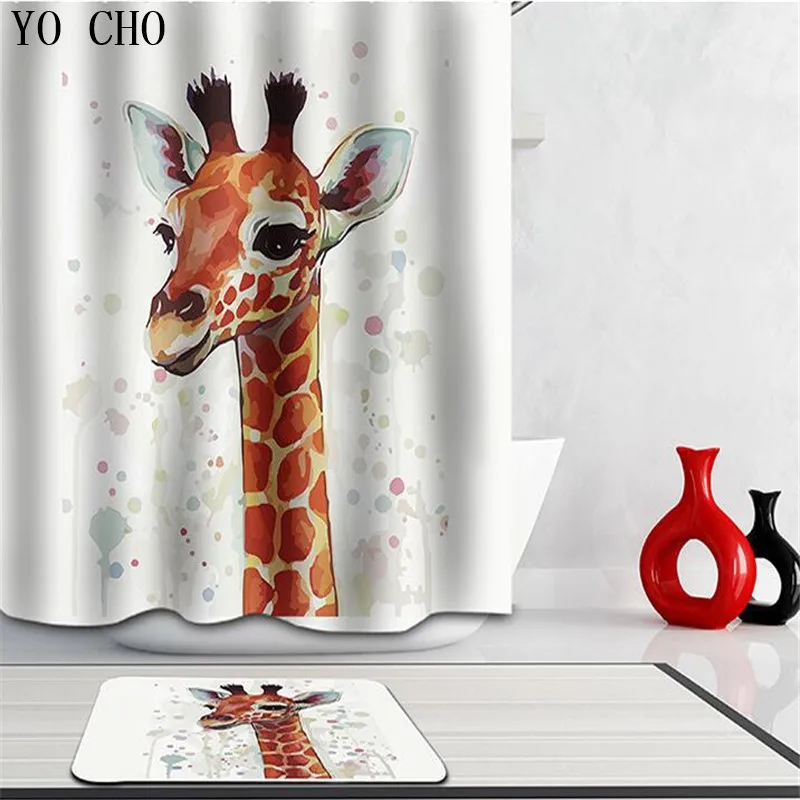 Antelope and Deer In Woods Cartoon Bathroom Waterproof Fabric Shower Curtain Set