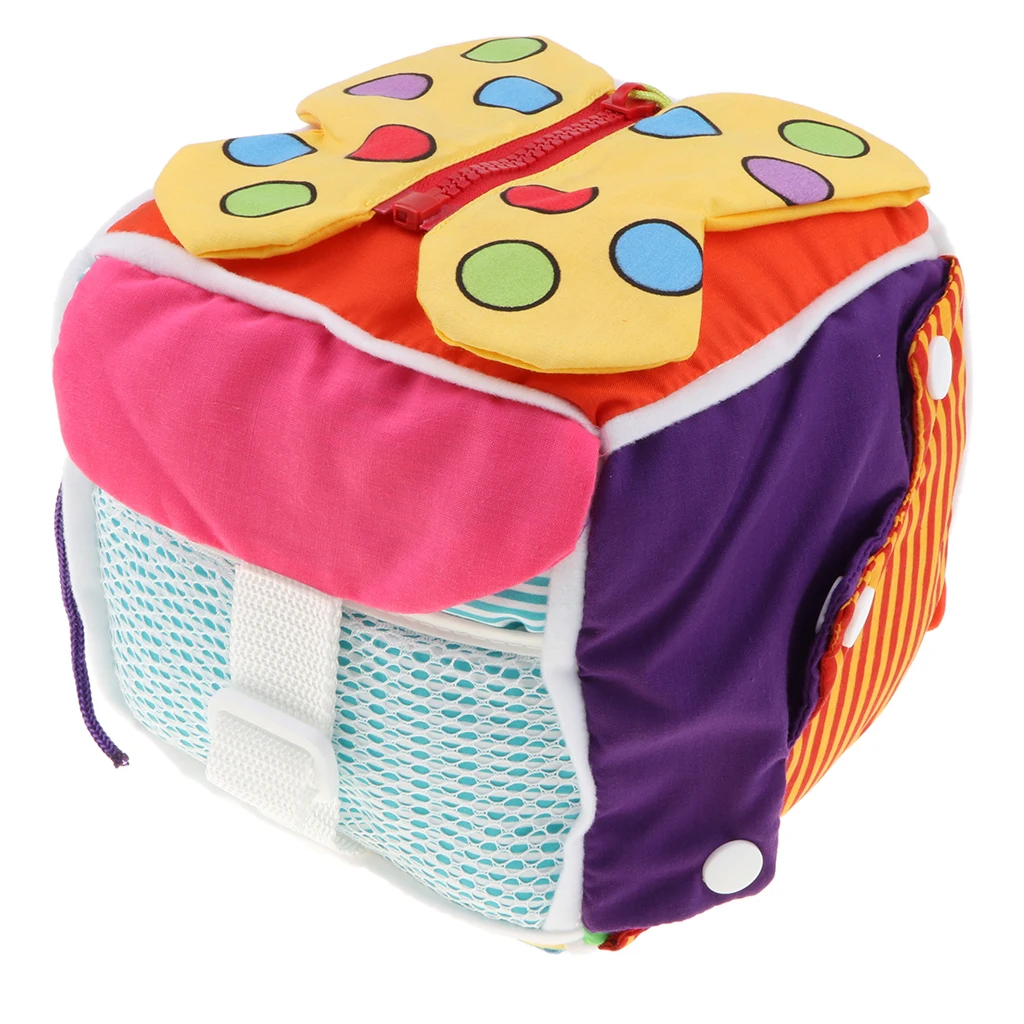 6 in 1 Soft Baby Cloth Cube , Learn to Dress for Babies Toddlers, Montessori Basic Life Skills Learning Toys Developmental Game
