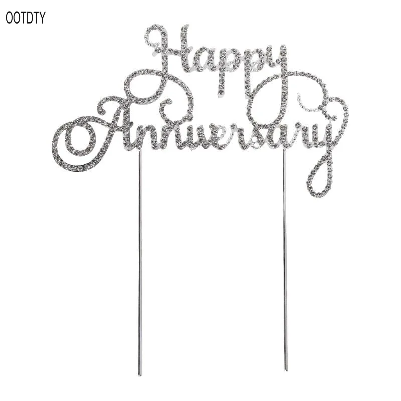 

Happy Anniversary Cake Topper Insert Dessert Pick Crystal Rhinestone Wedding Party Decoration Silver
