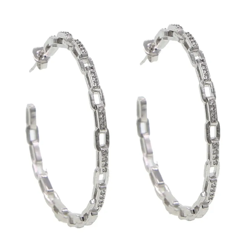 iced out cz open link chain hoop earring Gold silver color Rock punk hip hop women jewelry - Окраска металла: Платиновое покрытие