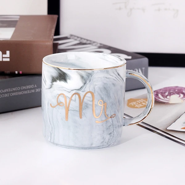 NOCM Marble Ceramic Mugs Gold Plating Couple Lover's Gift Morning Mug Milk Coffee Tea Breakfast Creative Porcelain Cup - Цвет: Grey