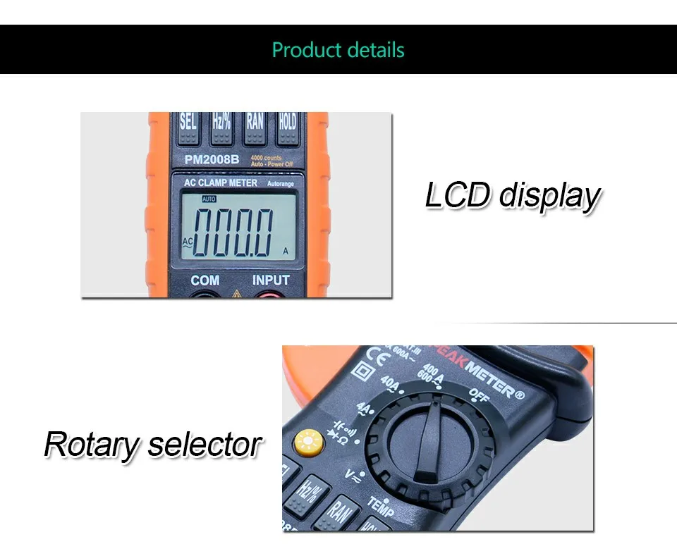 PEAKMETER 3 3/4 цифровой AC клещи 4000 отсчетов w/подсветка AC DC напряжение сопротивление емкость+ диод тестер PM2008B