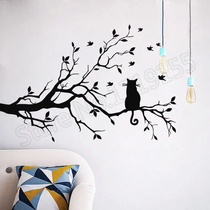 

Modern Cat On Tree Branch Birds Tree Wall Sticker Vinyl Pattern Nursery Interior Decoration Window Kitchen Livingroom MuralZW266