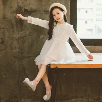

Toddler Girls Long-sleeved Lace Mesh Princess Dress Children Autumn Clothes Little Girls Elegent Mesh Dress for Birthday Party