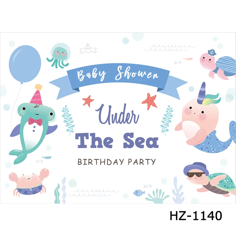 HUAYI custom backdrop for boy baby shower blue under sea celebration photo booth babyshower photographing dessert table HZ-1140