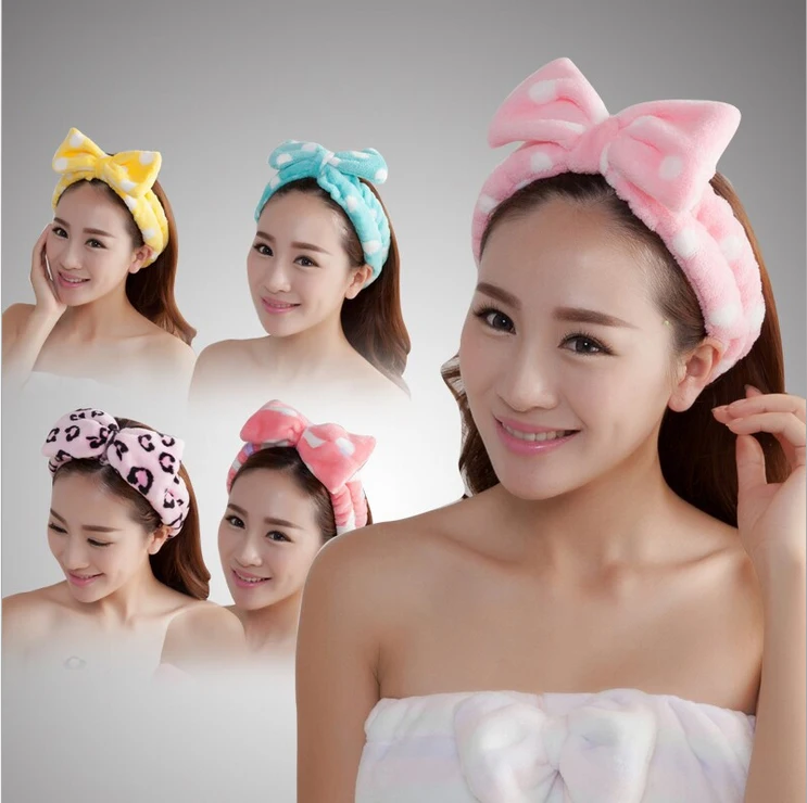 

Women Blue Bow Hair Band Belted Polka Dot Plush Makeup Bath Wash Scarf Velvet Lady Headband