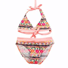 Новинка года, Летний Бикини для девочек, эластичный купальник с растительным узором в полоску, детский раздельный пляжный купальный костюм из двух предметов для девочек, детский купальный костюм
