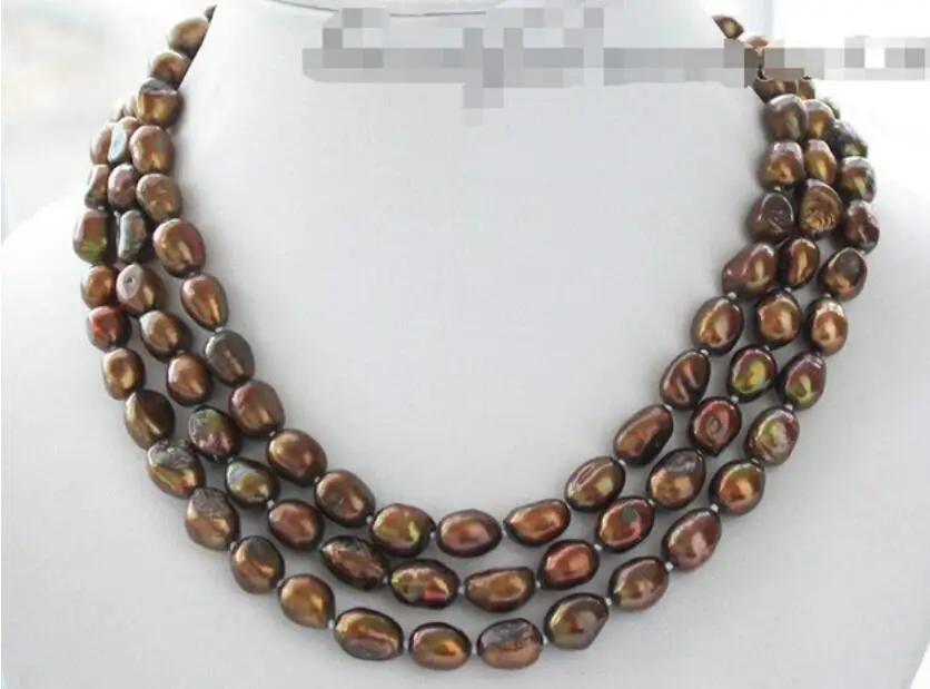 

FREE SHIPPING * z3631 Stunning 3row 12mm coffee baroque freshwater pearl necklace AAA