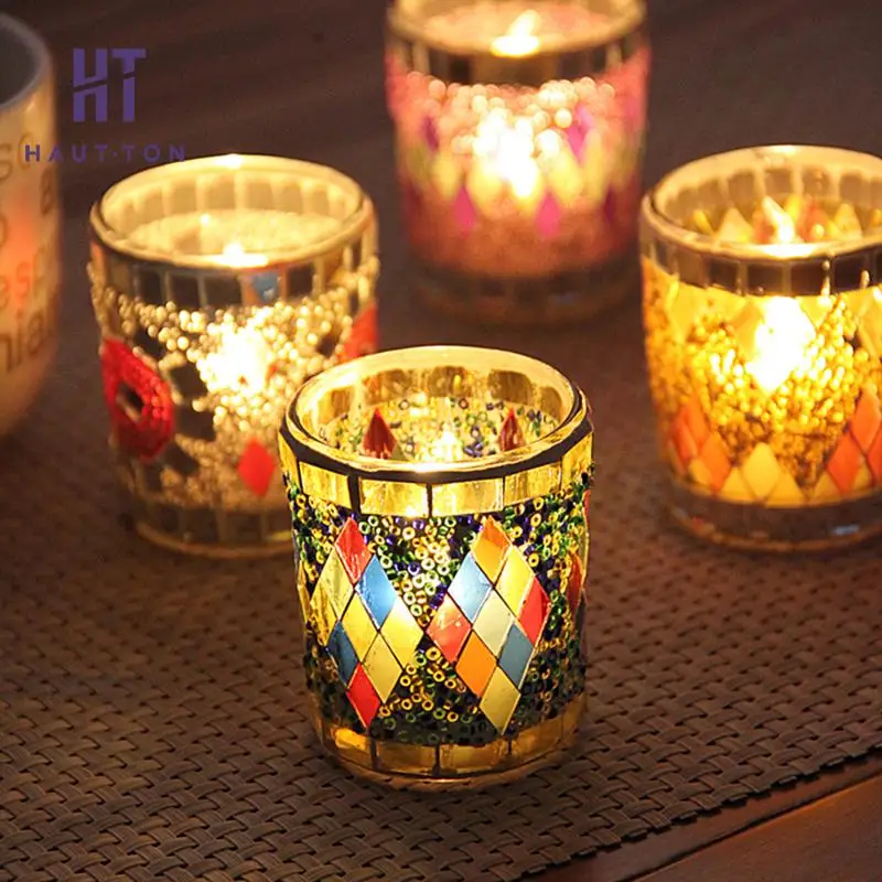 

European Style Manual Mosaic Cup Glass Candlestick Romantic Candlelight Dinner Candle Holder Decoration Ornaments