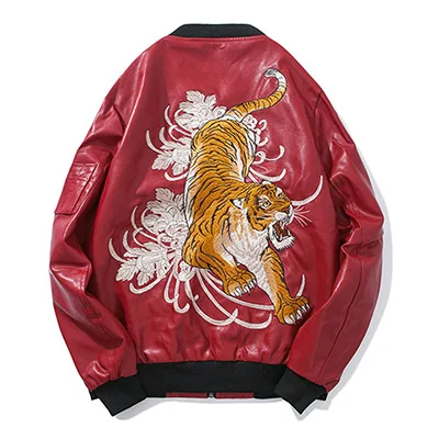 Японский стиль, мужская куртка из искусственной кожи с вышивкой тигра, куртка-бомбер с воротником-стойкой, мужская куртка из искусственной кожи, бейсбольная куртка - Цвет: Red