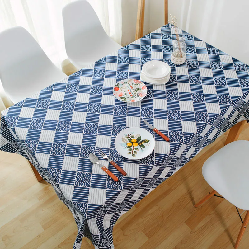 Chinese Style Linen Table Cloth Blue And White Porcelain Printed