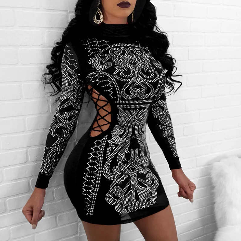 

Diamonds Mesh Sheer Bodycon Mini Dress Double Size Crossing Bandage Long Sleeve Turtleneck Club Wear Dresses