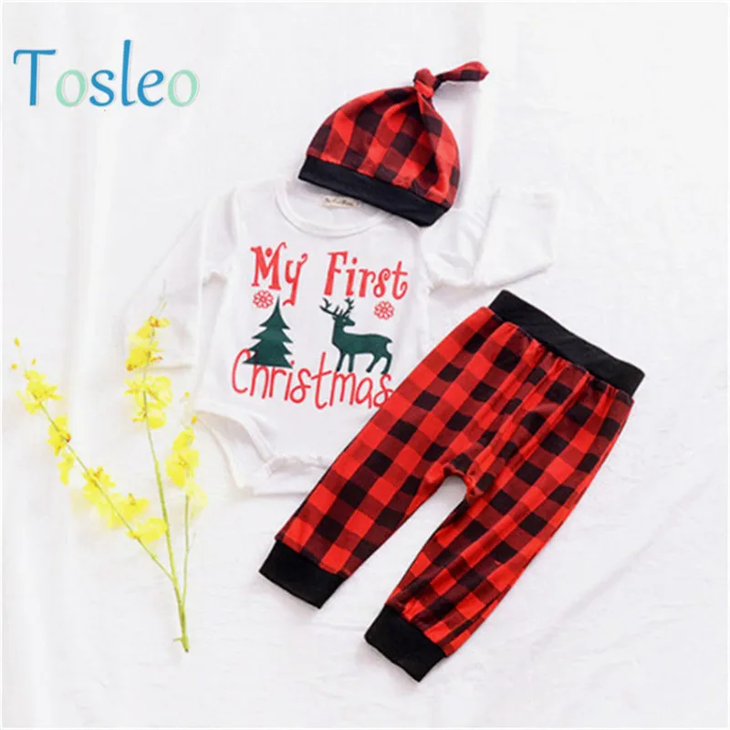 

My first Christmas Baby Clothes Boys Party Clothing Bodysuit+Pant+Hat Infant Outfits Funny Letter Print Festival Clothes 0-2Y