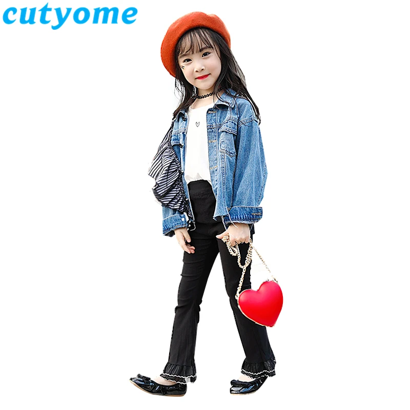 

Children's Spring Jean Jackets Korean Fashion Ruffles Turn-down Collar Kids Short Denim Jacket Teenage Girls Outerwear Coat Tops