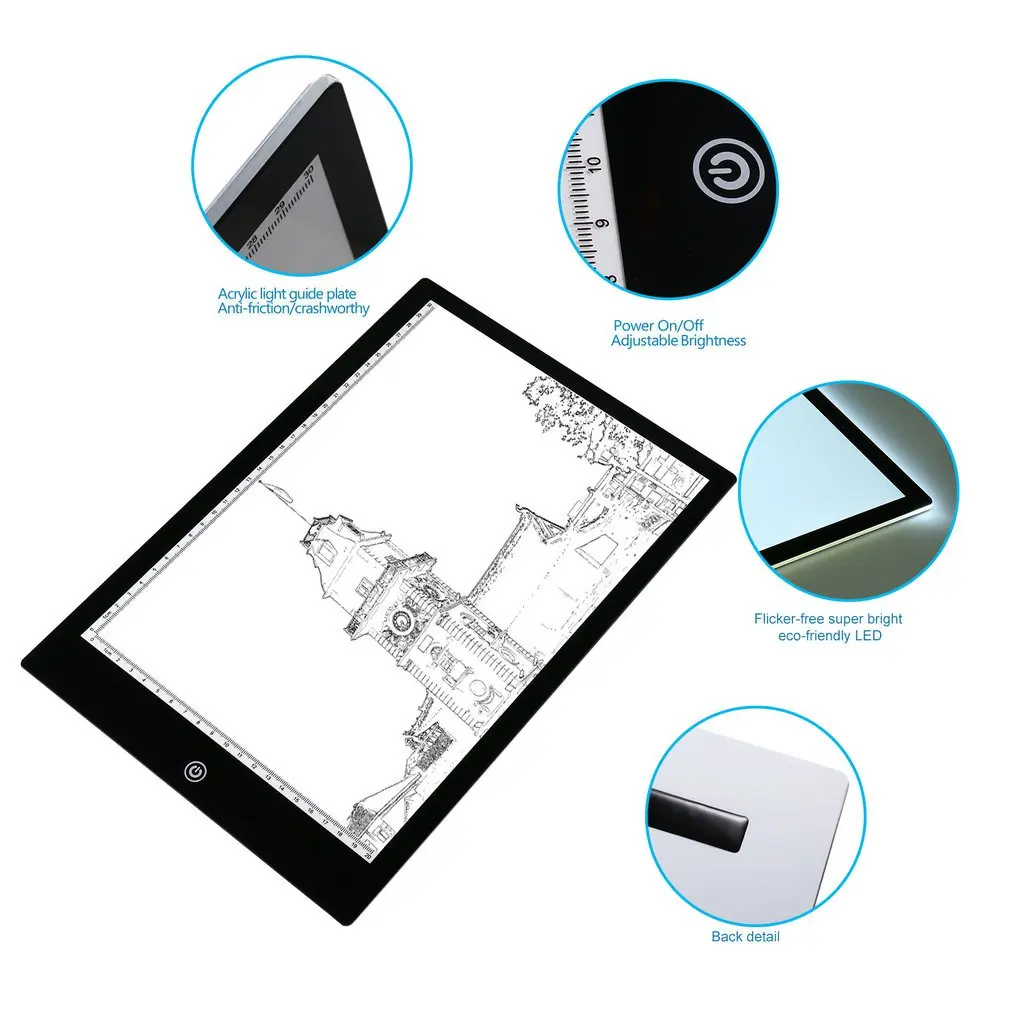 Acrylic 5mm Super Thin A4 Size Flicker-Free LED Drawing Copy Tracing Stencil Board Table Tattoo Pad Translucent Light Box USB