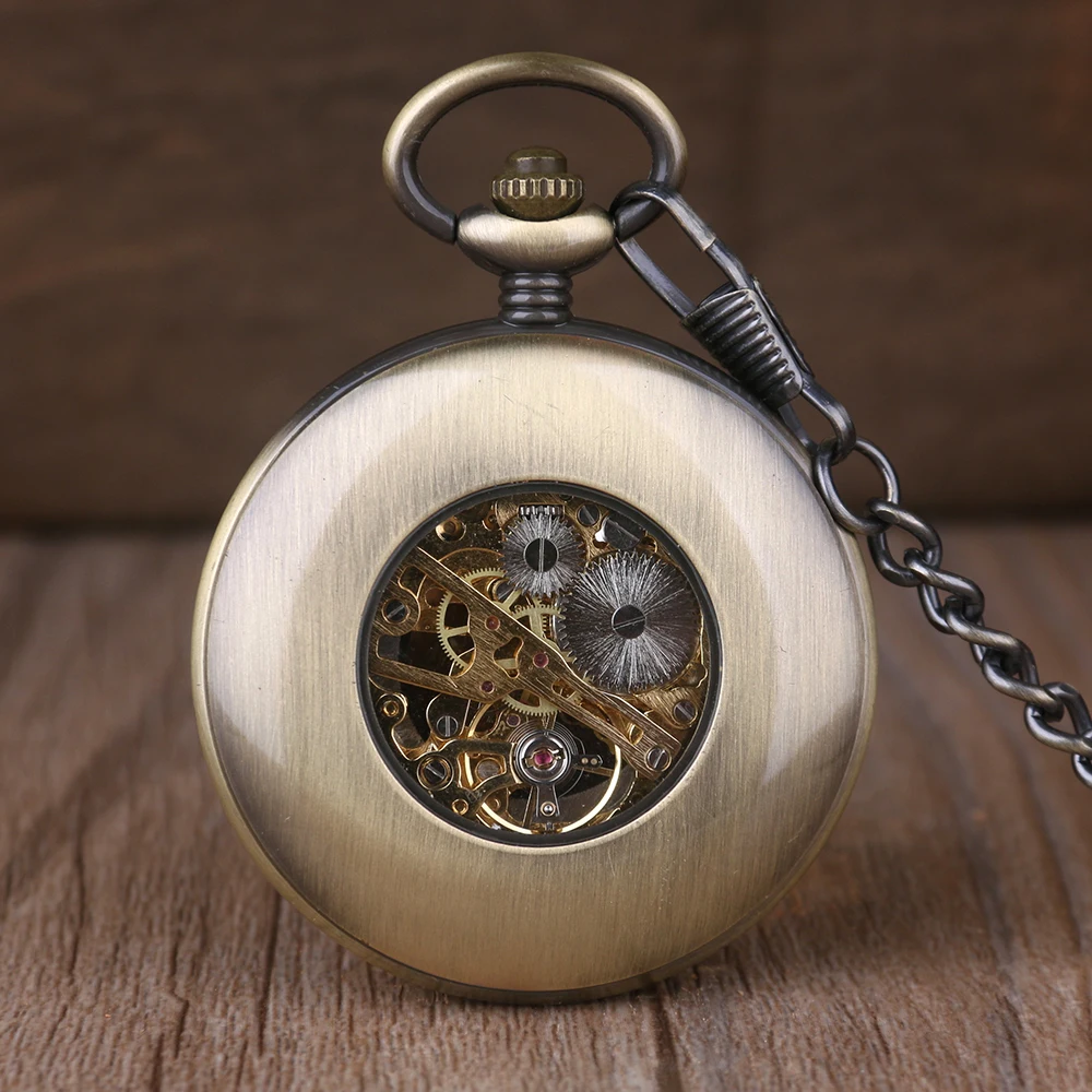 Деревянный Для мужчин карманные часы Прохладный роскошный подарок любовника сеть Механическая Рука обмотки бронза часы Скелет стимпанк