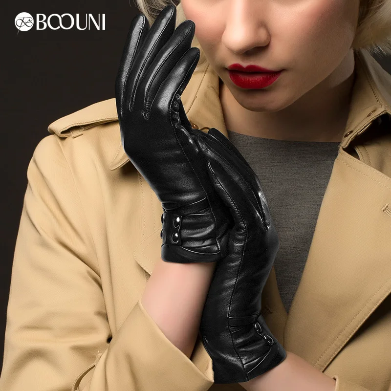 BOOUNI Genuine Leather Gloves High Quality Women Fashion Black Sheepskin Finger Gloves Winter Plus Velvet Driving Glove NW781