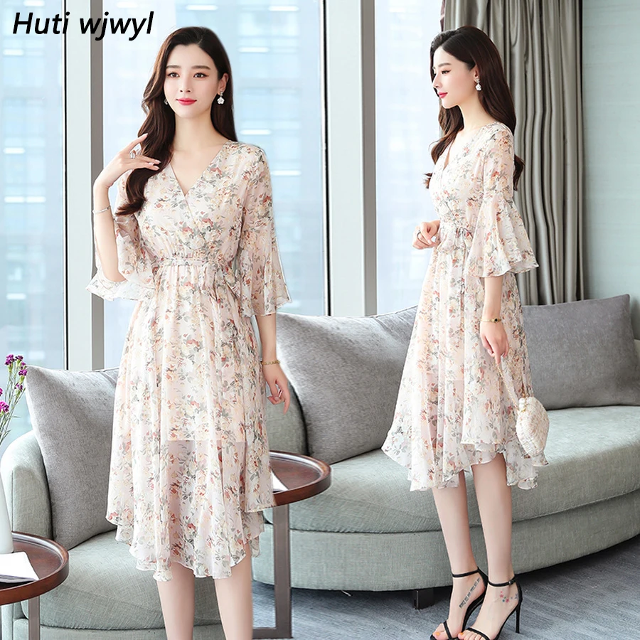 

2019 Femal Vintage Elegant Floral Chiffon Boho Midi Dresses Summer Plus Size Print Beach Sundress Women Bodycon Party Vestidos