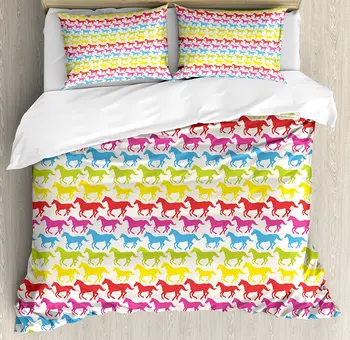 

Horses Duvet Cover Set Rainbow Colors Giddy Up Pony Animal Art Retro Design Pattern Abstract Wild and Free Bedding Set