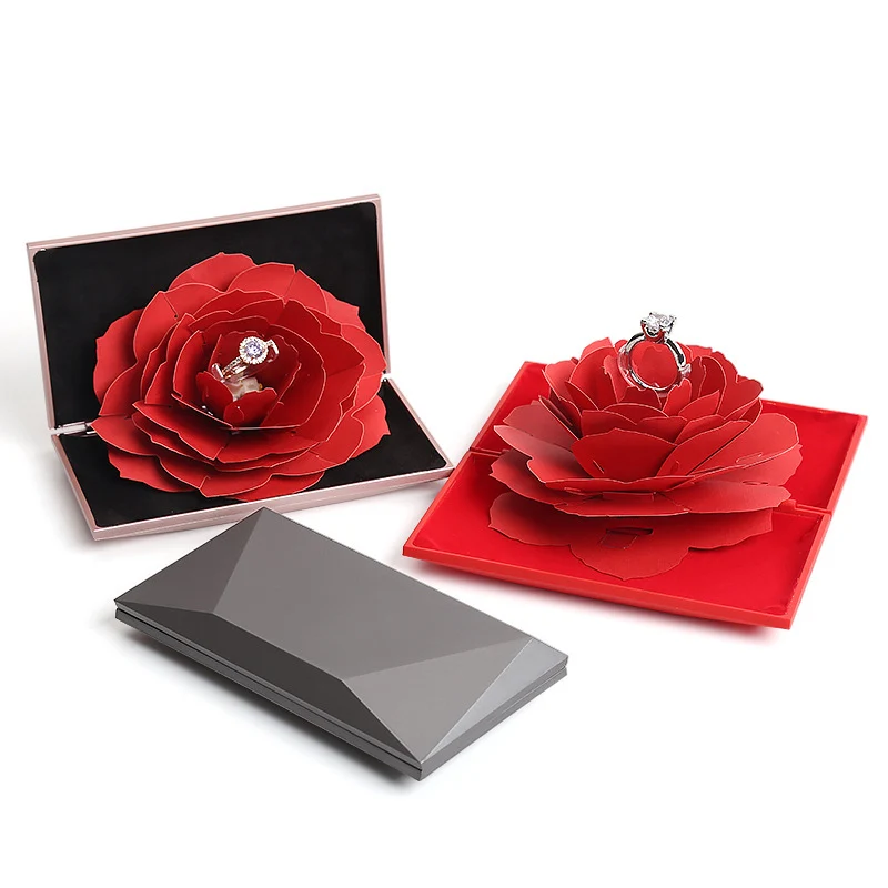 Red Diamond Face Rotating Rose Ring Box Wedding Valentine