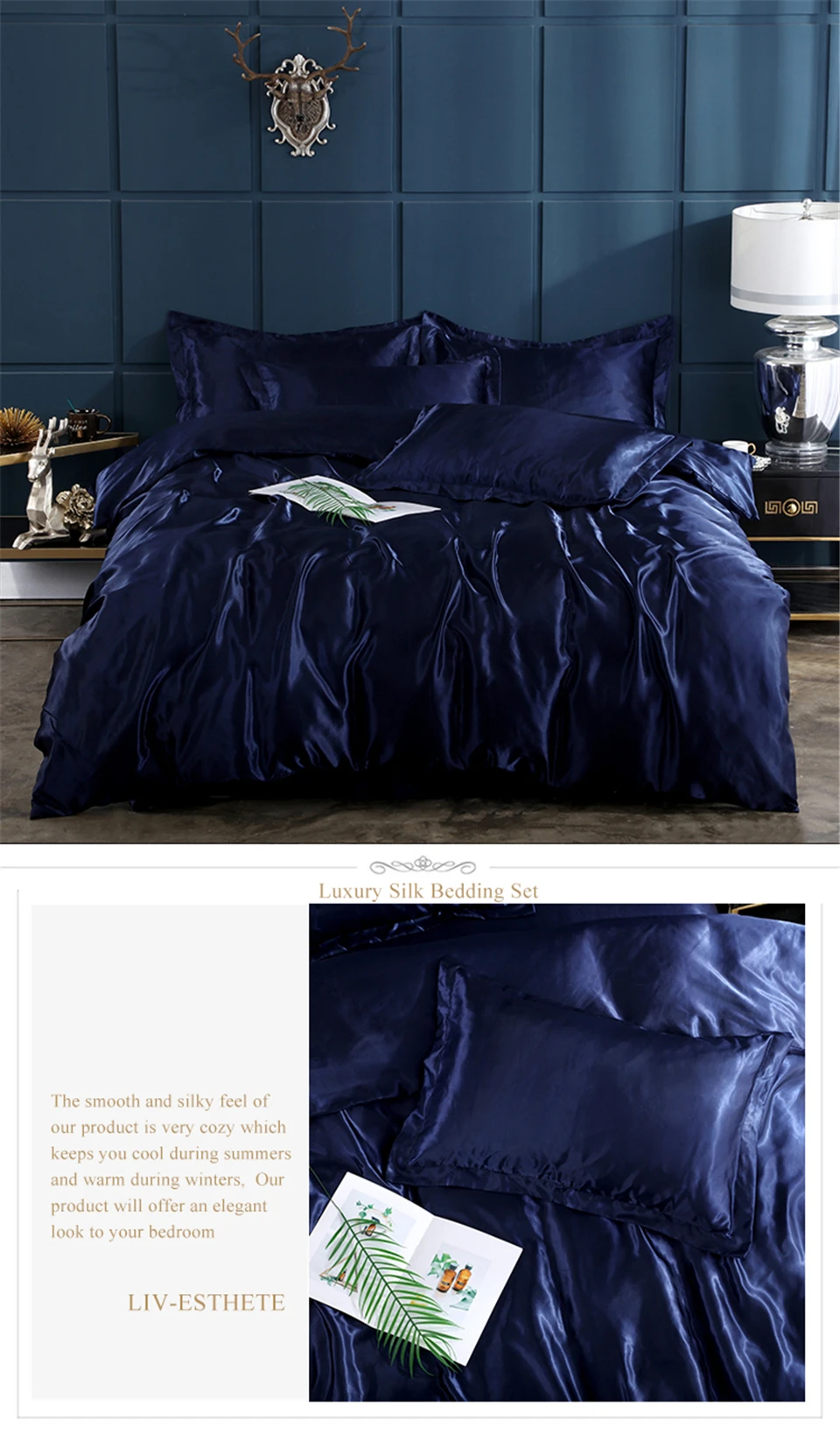 Liv Esthete Luxury Dark Blue Satin Silk Bedding Set Silky Duvet