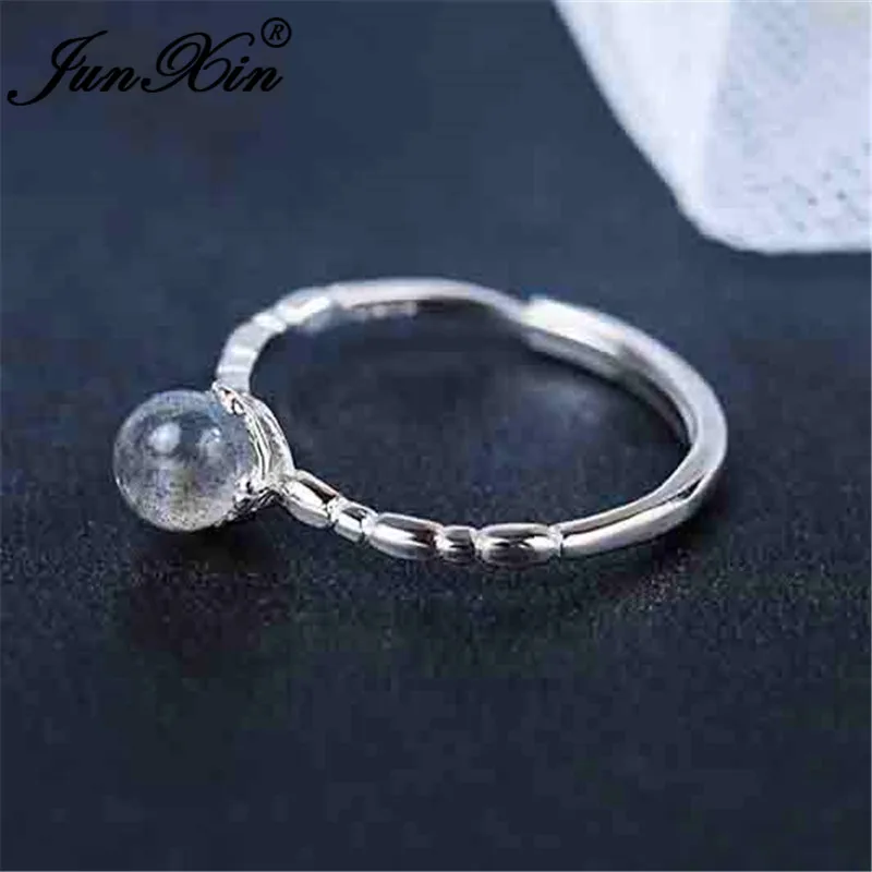 JUNXIN Mystic Moonstone Rings For Women 925 Sterling Silver Round Crystal Open Thin Wedding Ring Female Adjustable Ring Jewelry