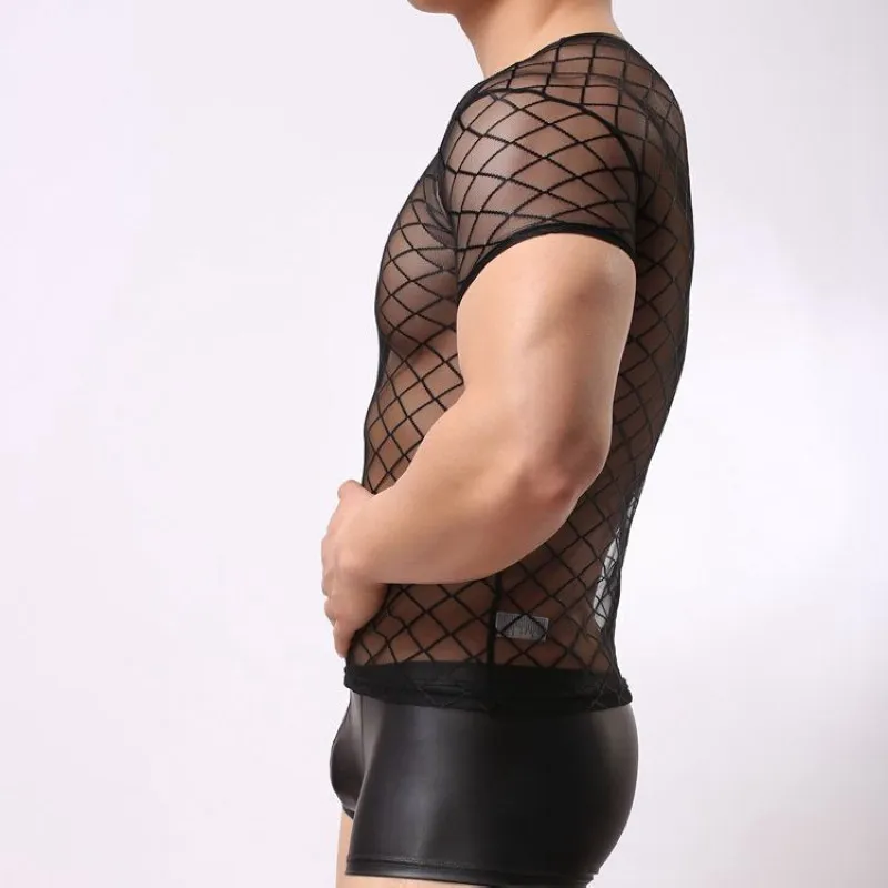 Fad мужские ромбические прозрачные сетчатые прозрачные блузы сексуальное нижнее белье прозрачные майки эротическое нижнее белье гей одежда