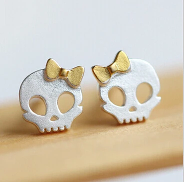 

silver plated skull bow stud earring new design lovely skeleton earring for women girl 925 jewelry