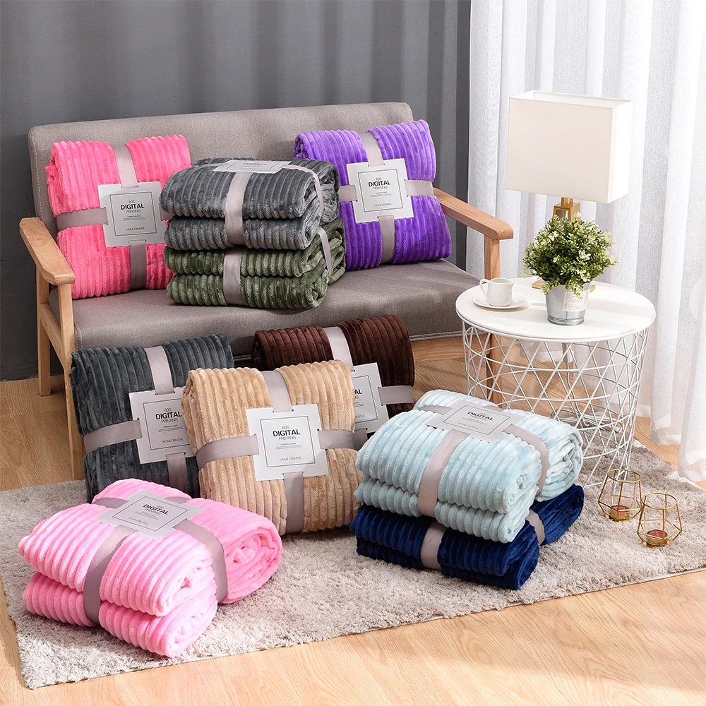 Beddowell Soft Fluffy Striped Flannel Blankets For Beds Solid Coral Fleece Throw Winter Bed Linen Sofa Cover Bedspread Blankets