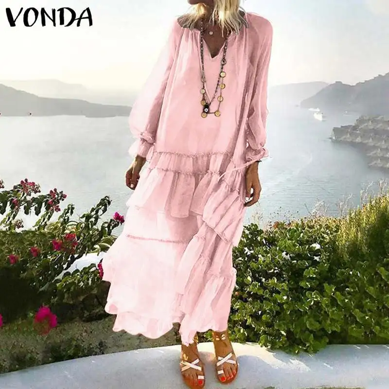 VONDA, макси платье для беременных, Robe Boheme Femme, сексуальное пляжное длинное платье, 5XL, элегантное однотонное пляжное платье размера плюс