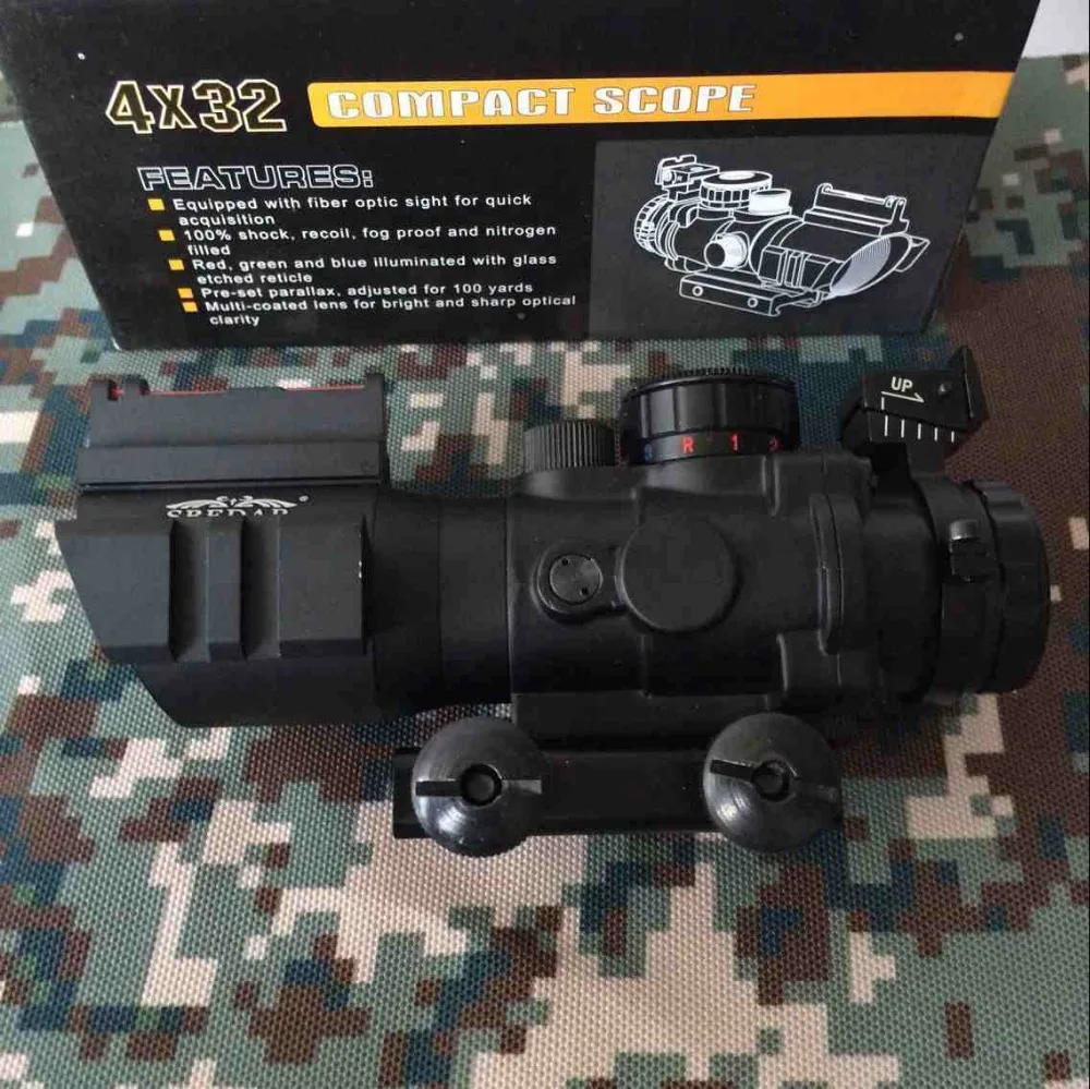 

New-Arrival Outdoor sports 4x32 Optic Rifle Scope Fiber Airsoft Gun Sight 3-Colour Illuminated for Hunting Shooting with 20mm