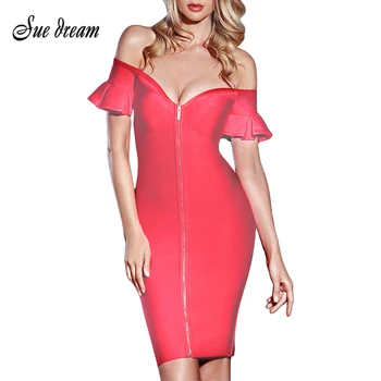 

2019 Summer New Women Fashion Sexy Red Strapless Bandage Dress Front Zipper Deep V-neck Short Sleeve Bodycon Club Party Mini