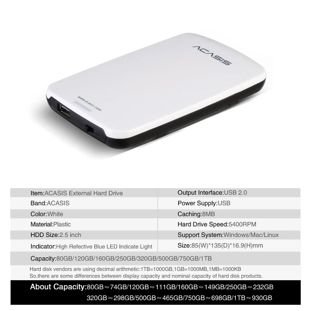 Free shipping On Sale 2.5'' ACASIS Original 120GB Storage USB2.0 HDD Mobile Hard Disk External Hard Drive Have switch power