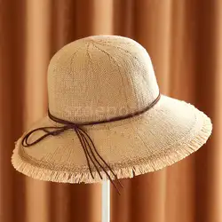 Модные женские повседневное модные летние ручной работы тесьма для вязания бантом кисточкой большой полями полые Защита от Солнца шляпа