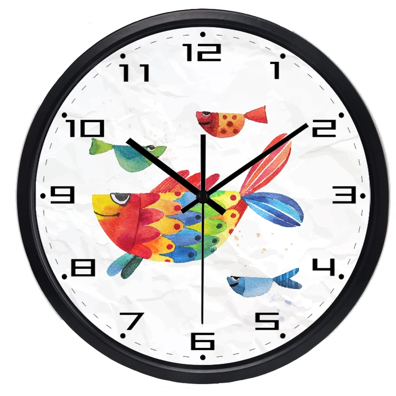 Kid Room Cartoon Fish Cute Clear Glass Wall Clock, No Ticking Soundin