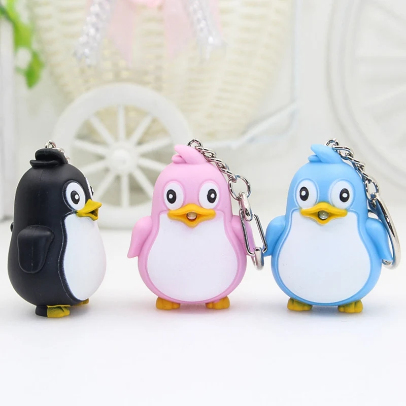 

Cute Penguin Shaped Plastic Keychain With LED Light Sound Alloy Buckle Keyring (Lithium Battery Included) 3 Colors