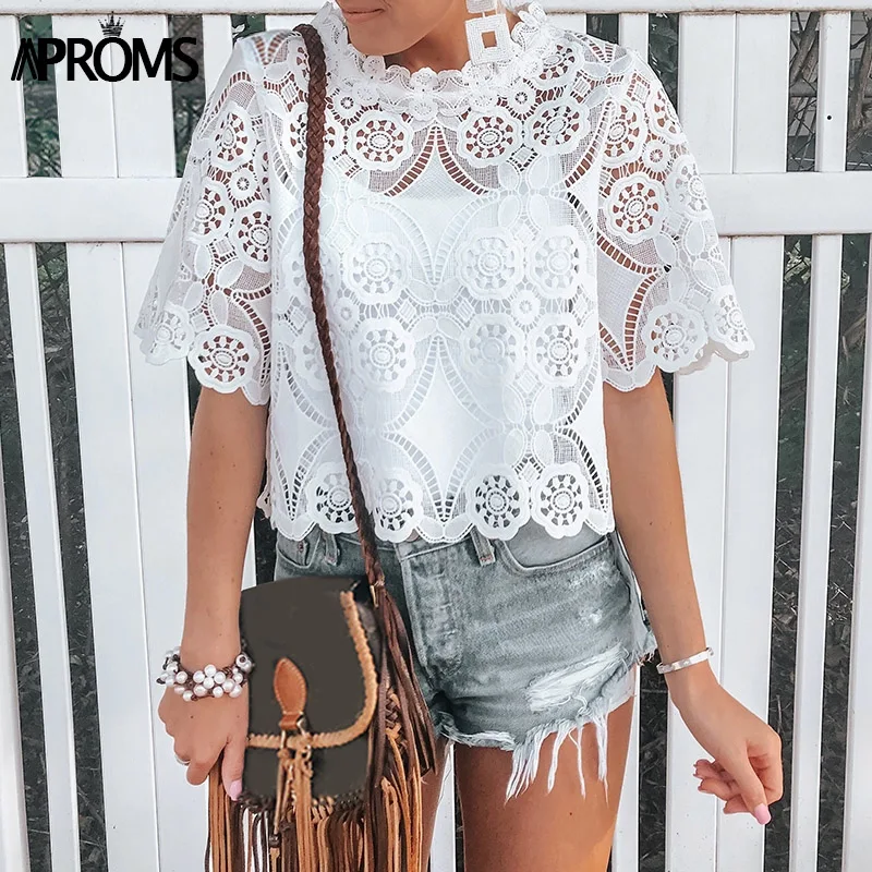 

Aproms Elegant Crochet Lace Embroidery Blouse Shirt 2019 Summer Sexy White Crop Top Streetwear Hollow Out Top for Women Blusas