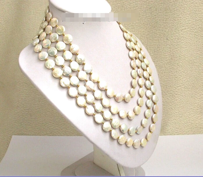 

FREE shipping>>> >>>Genuine 4ROWS 12mm 18" white round coin Pearls Necklace 925ss j927