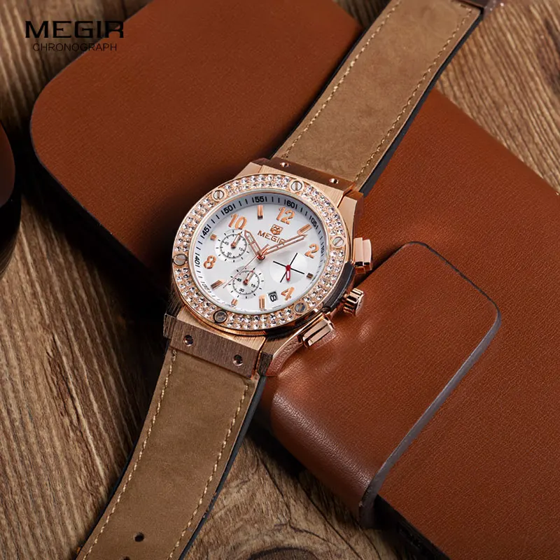 Megir Роскошные брендовые дизайнерские женские часы, женские золотые кожаные часы с силиконовым браслетом, стразы с кристаллами и бриллиантами, кварцевые часы для женщин
