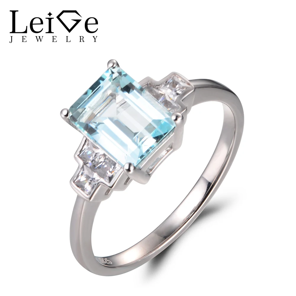 Leige Jewelry Natural Sky Blue Aquamarine Rings Promise Rings Emerald