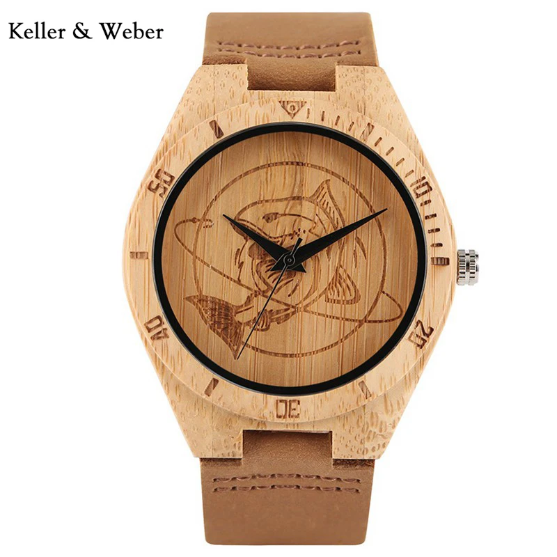 

KW 2018 Creative Cool Shark Wooden Bamboo Wrist Watch Natural Quartz Novel with Leather Strap Watch for Men Wholesale Gifts