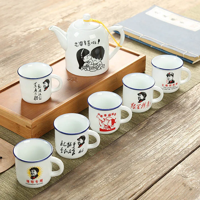 Classic nostalgic ceramics tea set 1 pot 6cup,retro imitation enamel teapot cup Chairman Mao pattern Drinkware Tea ceremony