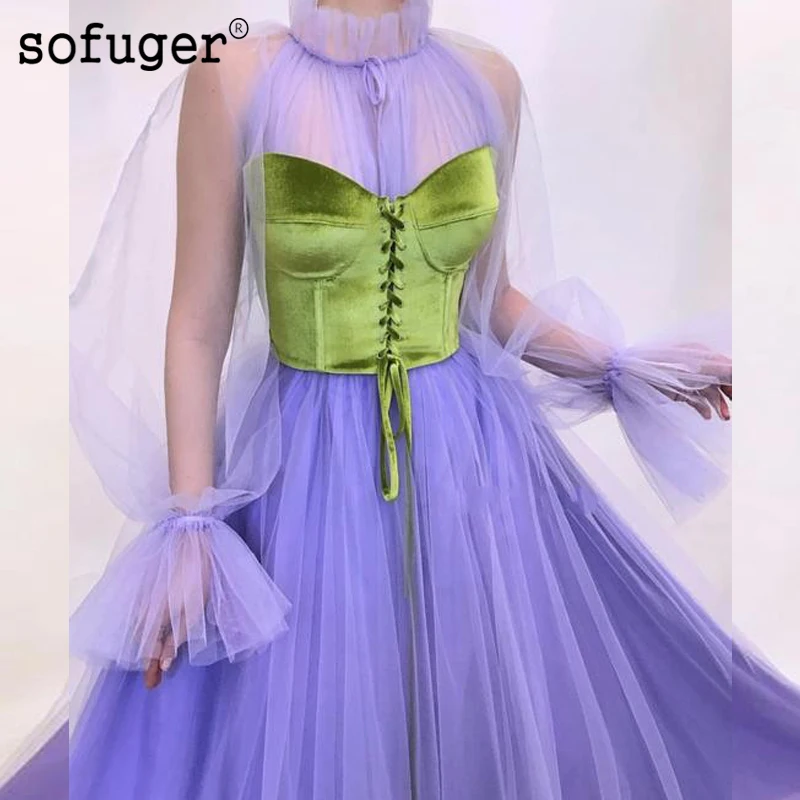 

Fantastic Formal Party Dress O Neck Lilac Arabic Muslim A Line Tulle Evening Dress Pleat Robe De Soiree Prom Vestidos De Fiesta
