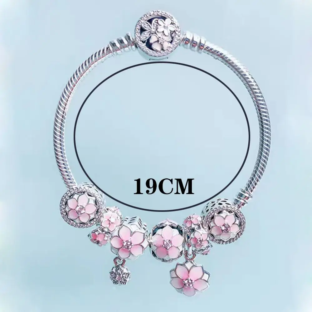 19cm Классический 925 пробы Серебряный поэтический браслет с фианитами и застежкой с розовой подвеской для женщин DIY Изготовление ювелирных изделий - Окраска металла: 19cm